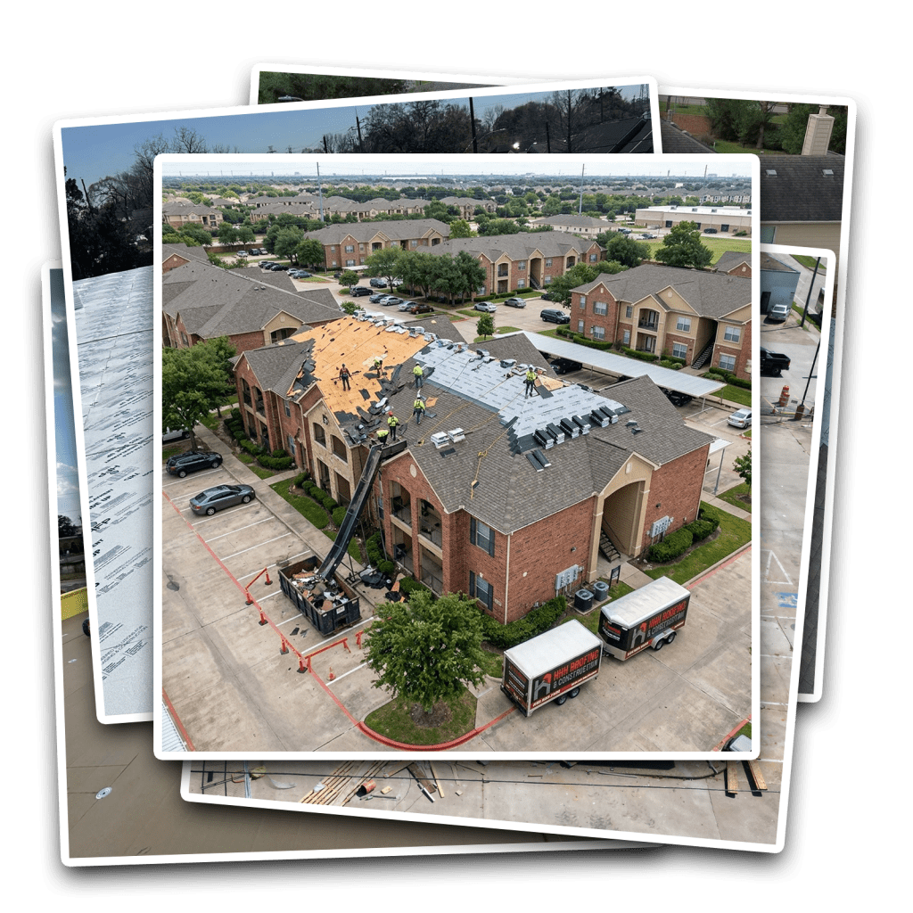 A drone photo of the HHH Roofing team reroofing an apartment building in the Houston Texas area