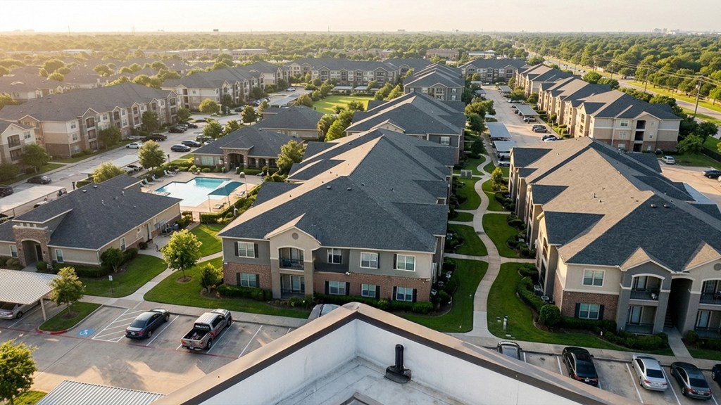 Aerial of a multi-building apartment community in the Houston, Texas area