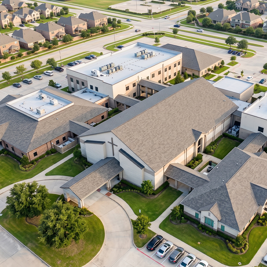 Church with multiple roof types in Katy