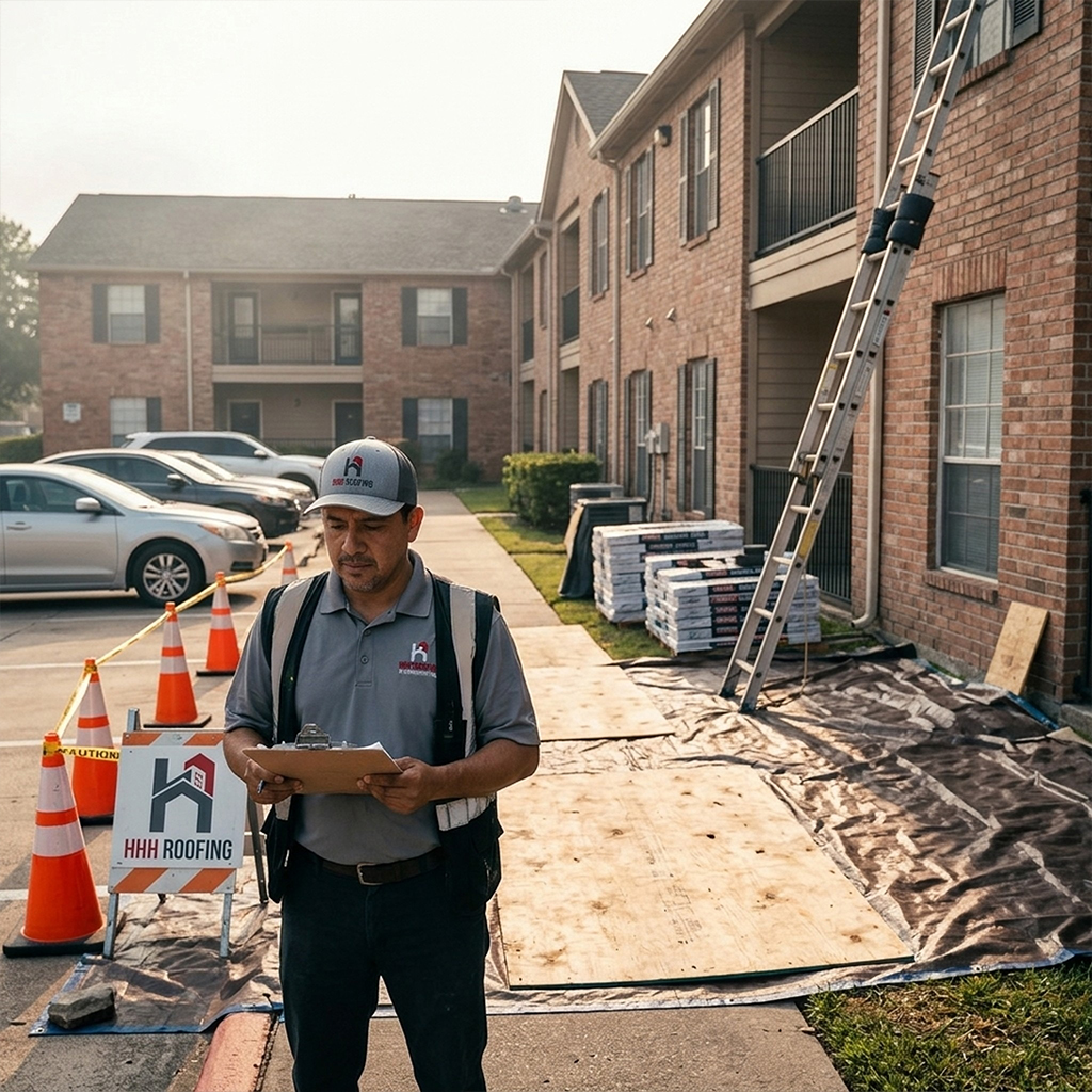 Crew staging with protected parking & walkways below at an apartment complex in Houston, Texas