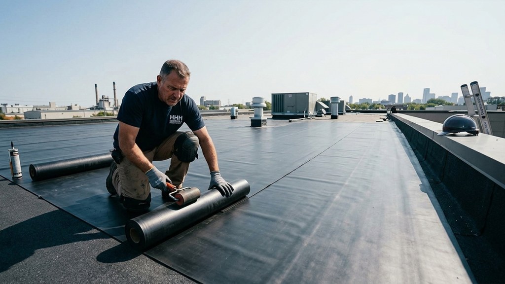 EPDM membrane rolled out on a flat commercial roof