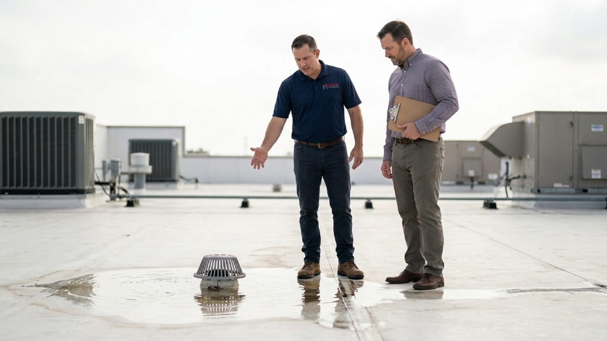 Facilities manager and HHH Roofing technician review ponding water near a commercial roof drain in Houston