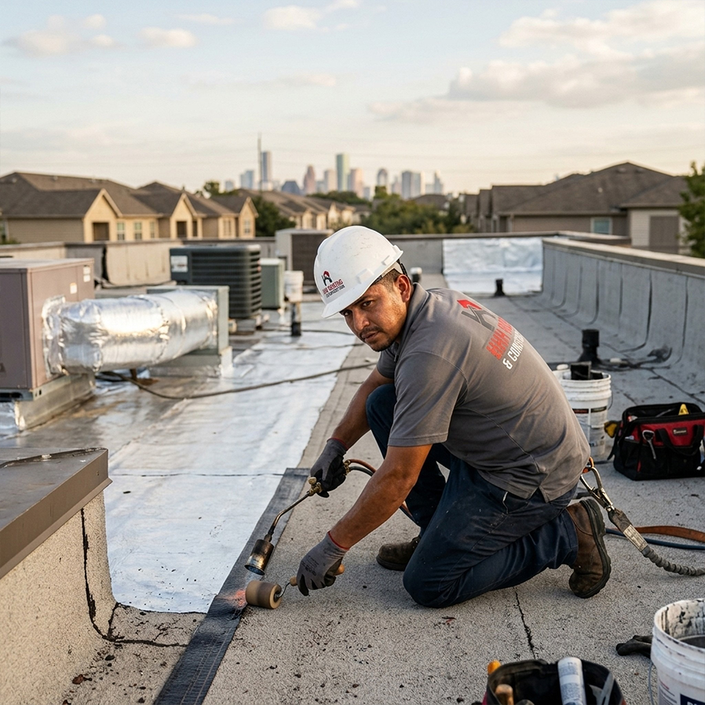Flat / low-slope mid-rise deck of an apartment building in the Houston area being repaired by a member of the HHH team