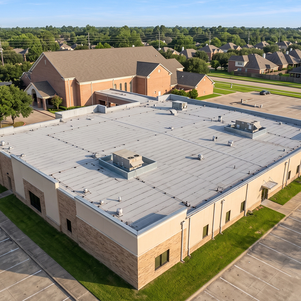 Flat roof over fellowship hall