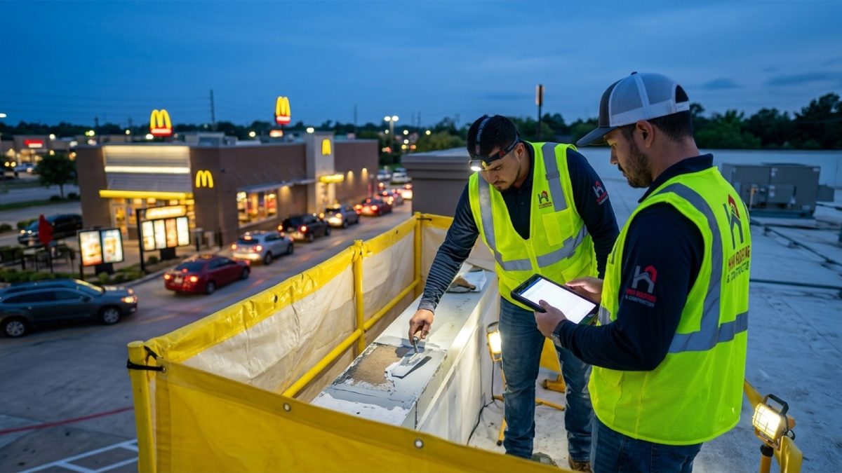 HHH Roofing crew performs off-hours commercial roof repair above an operating QSR drive-through
