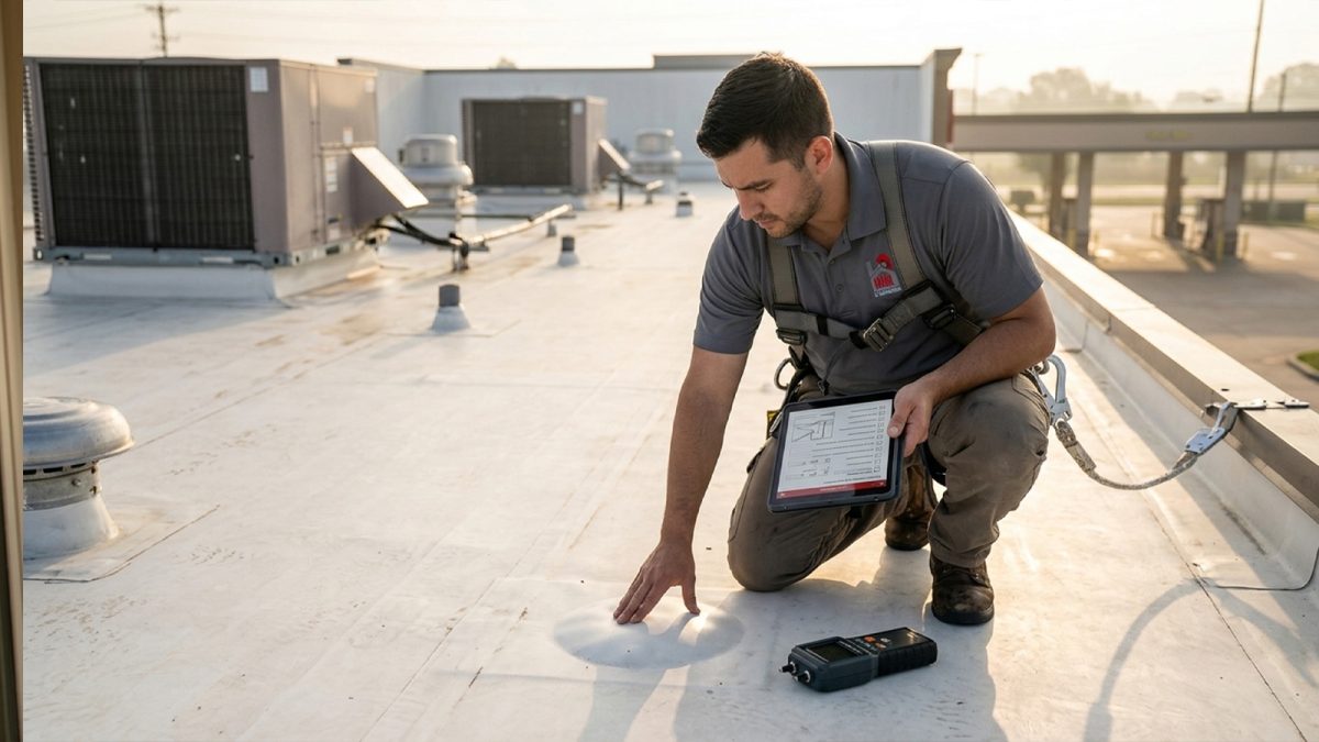 HHH Roofing technician inspects TPO membrane blistering on a Houston commercial roof for signs of a leak