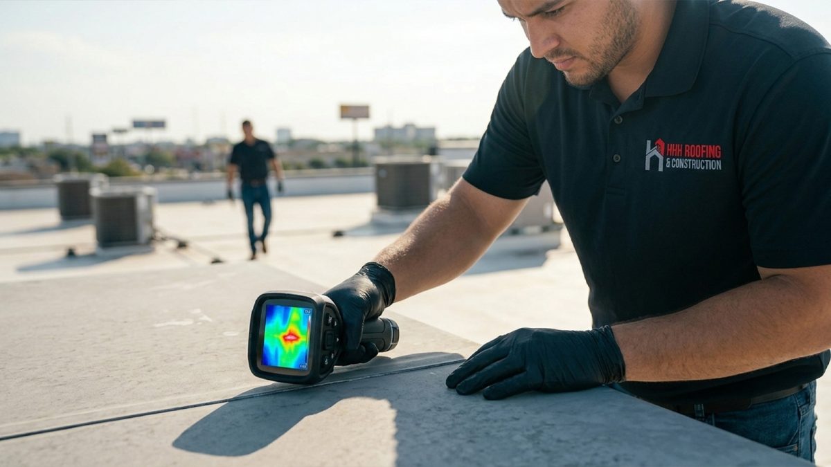 Infrared moisture scan detects hidden roof moisture during a routine commercial roof inspection