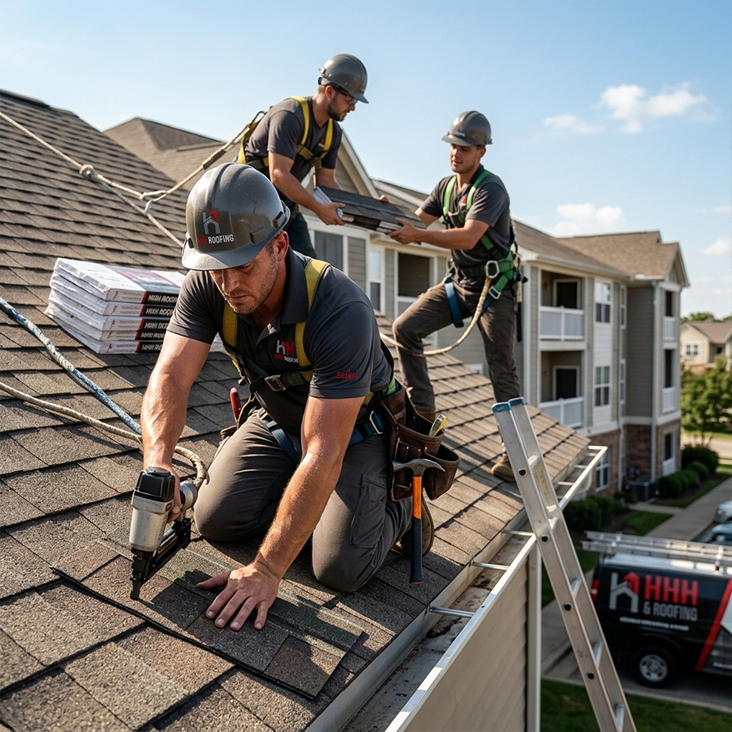 Pitched shingle building of an apartment building being repaired by HHH Roofing team