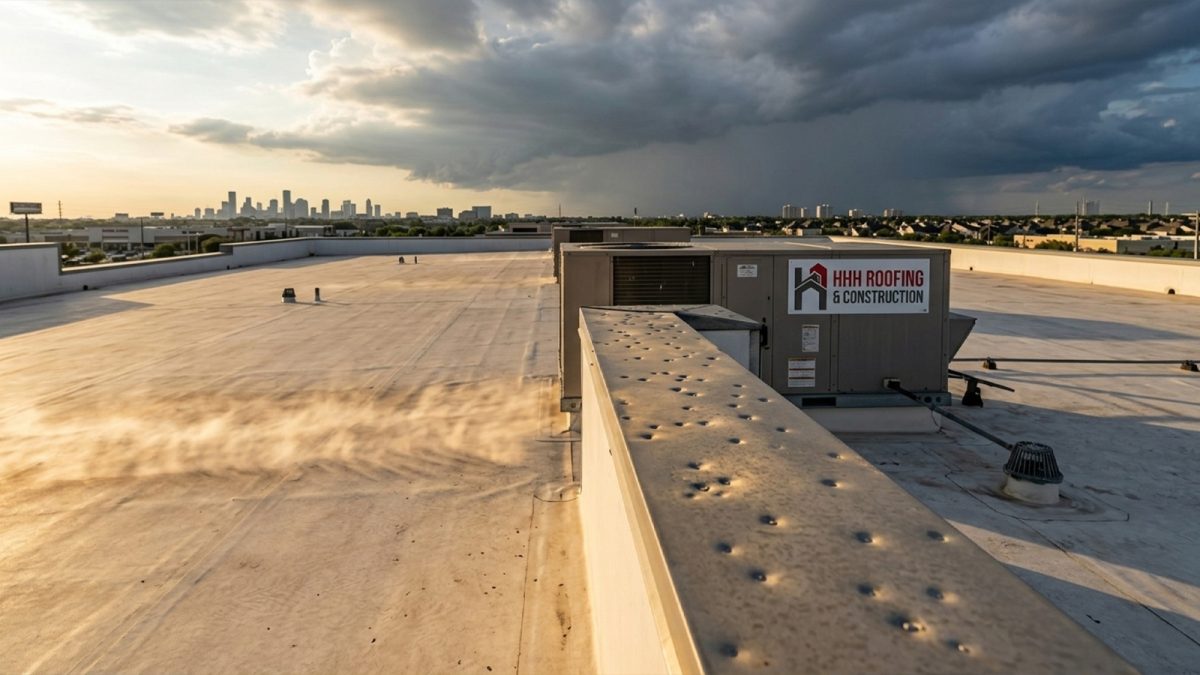 Storm clouds gather over a Houston commercial flat roof showing hail damage and heat stress