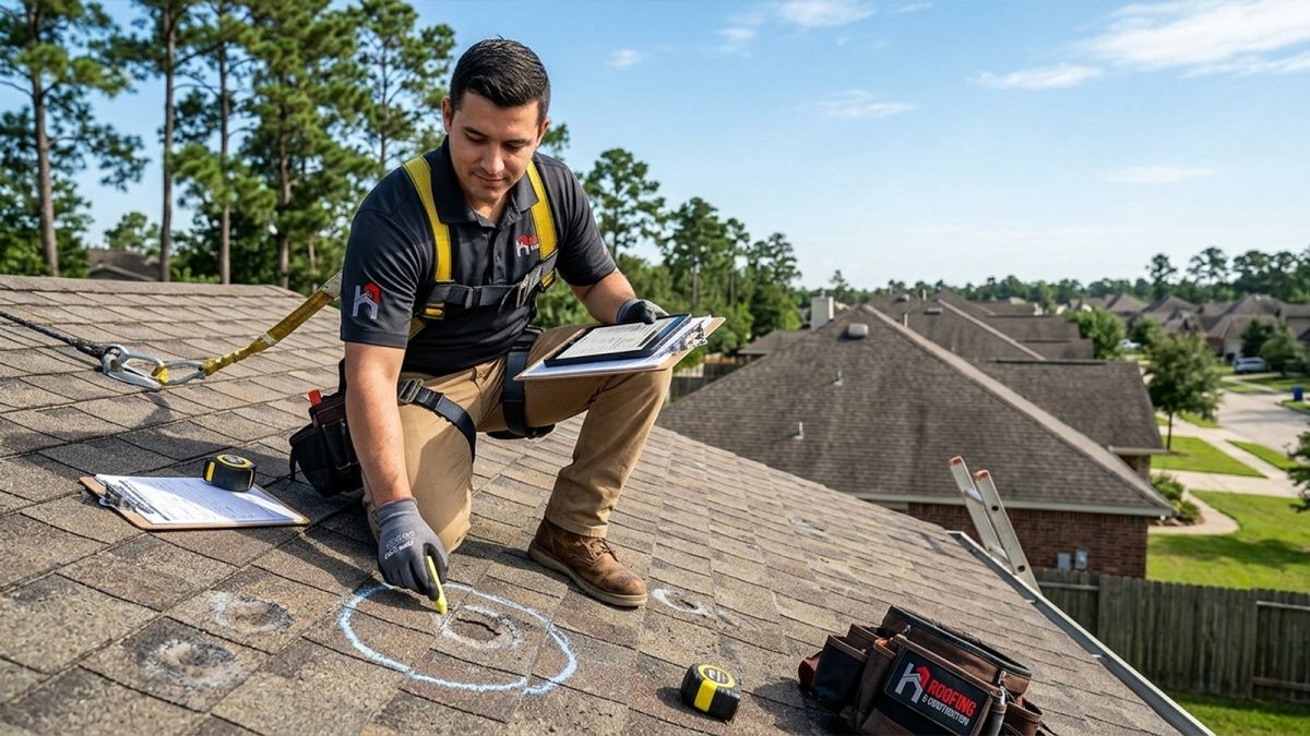 Visual inspection of residential roof in Conroe Texas