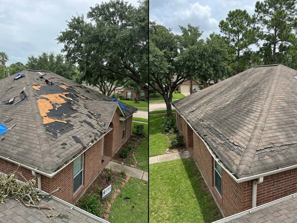 Comparison image between roof with storm damage and an aging roof
