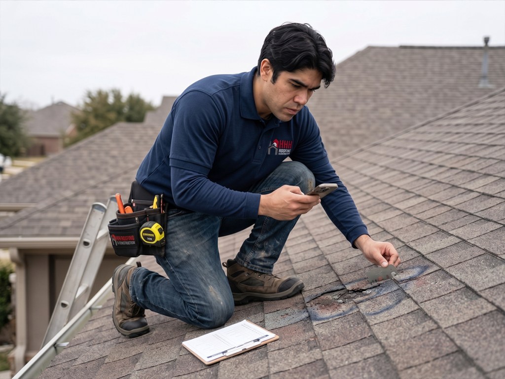 Eric from HHH Roofing documenting roof damage for insurance claim